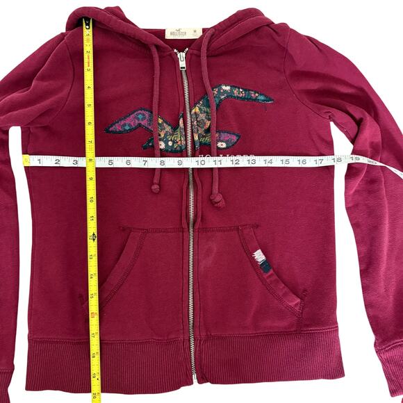 Hollister burgundy zip hoodie medium floral logo Y2K vintage cozycore See pics - Picture 8 of 10